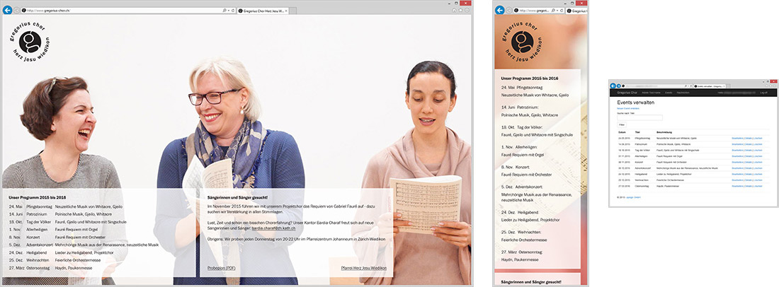 Screenshots von der Webseite des Gregorius Chor Zürich Wiedikon